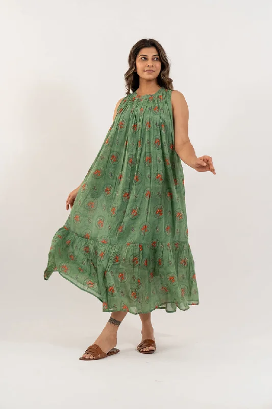 Cotton Hand Block Printed Dress - Green