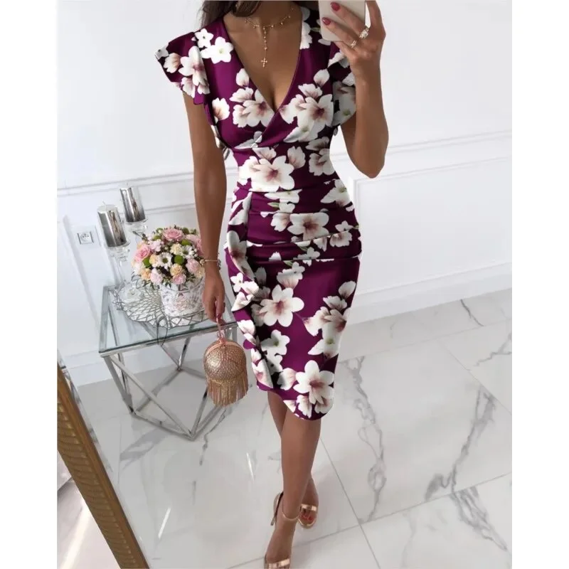 2023 Women's New Summer Fashion Temperament Elegant Sexy Comfortable V-neck Slim Fit Waist Pull Ruffle Edge Wrap Hip Dress 2023 Women's New Summer Fashion Temperament Elegant Sexy Comfortable V-neck Slim Fit Waist Pull Ruffle Edge Wrap Hip Dress