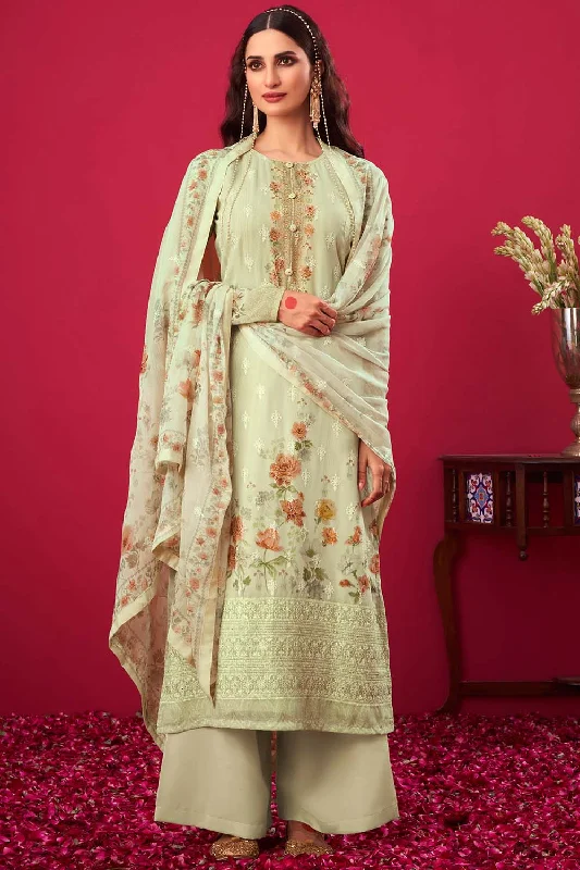 Faux Georgette Embroidered Suit Set Dress Material In Green