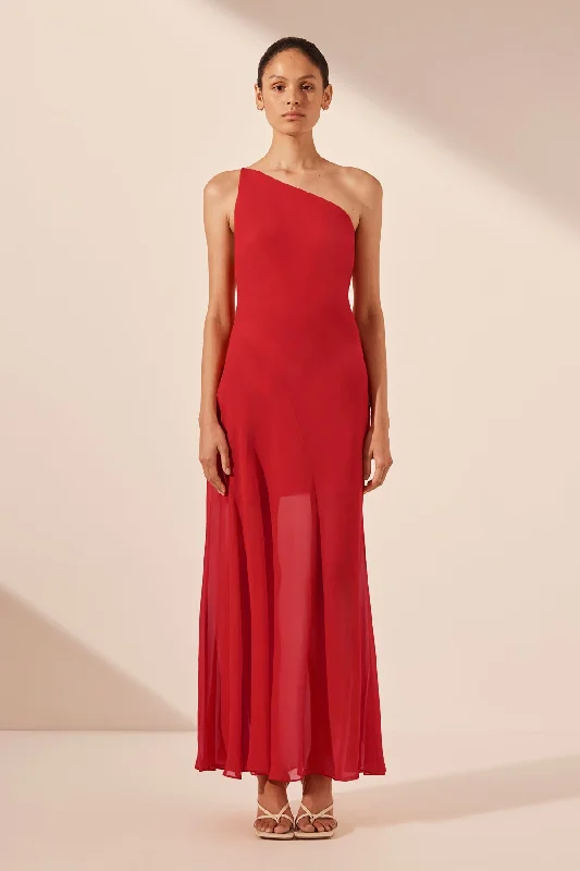AMINA ONE SHOULDER PANELLED MAXI DRESS - CHILLI Comfortable Bohemian Maxi Dress