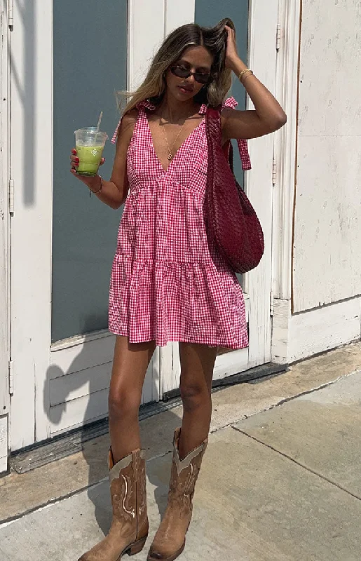 Angel Girl Red Gingham Mini Dress Classic White Mini Dress