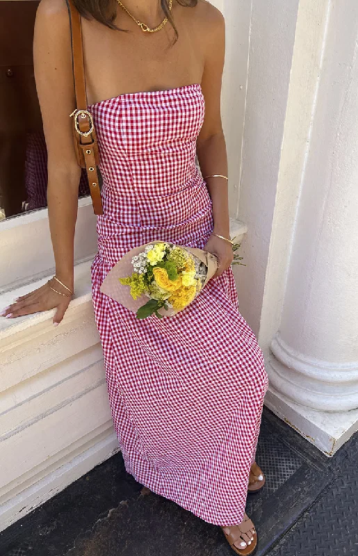 Angela Red Gingham Maxi Dress Cozy Ruffle Sleeve Maxi Dress