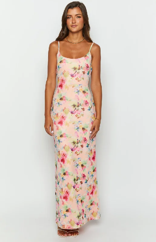 Aster Pink Floral Mesh Maxi Dress Comfortable Ruffle Maxi Dress