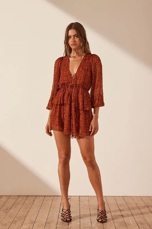 ATRANI LACE FRONT DRAWSTRING MINI DRESS Comfortable Smocked Mini Dress