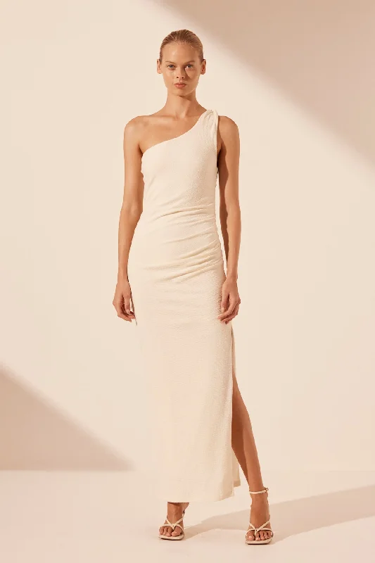 BEAU ASYMMETRICAL TWIST MAXI DRESS - RICE Cozy Ruffle Sleeve Maxi Dress