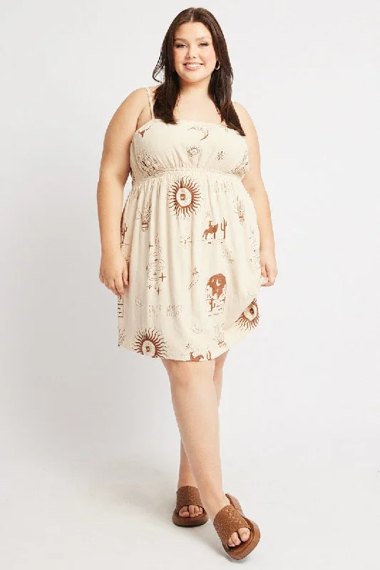 Beige Abstract Cutout Detail Mini Dress Comfortable Boho Mini Dress