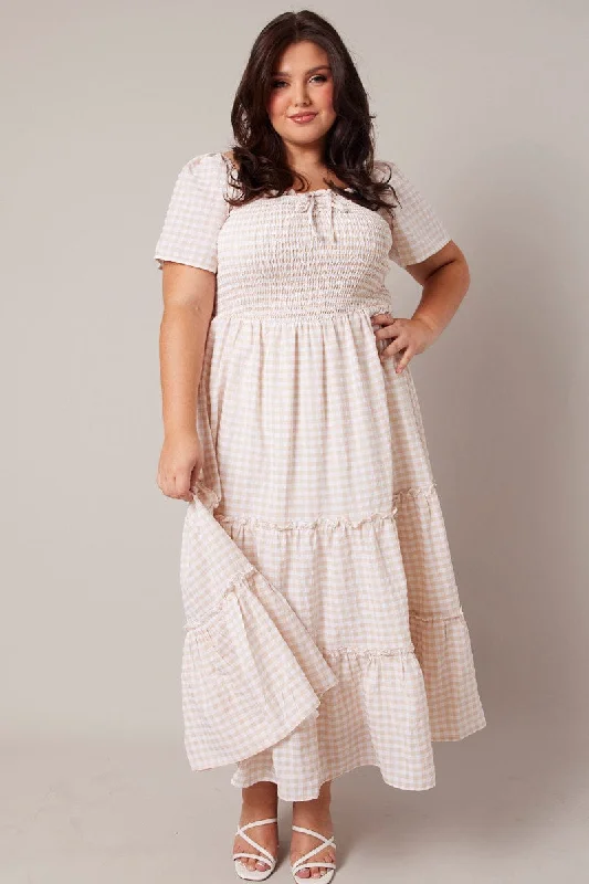 Beige Check Maxi Dress Short Sleeve Shirred Bust Stylish Longline Maxi Dress