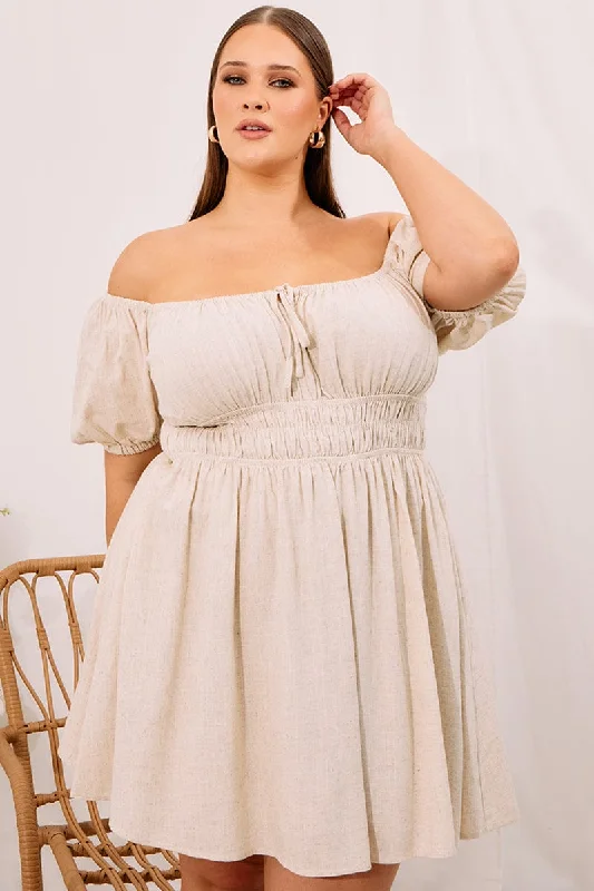 Beige Tie Front Scoop Neck Mini Dress Casual Mini Dress with Pockets