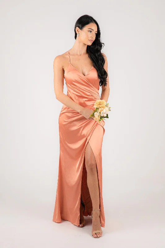 BELINDA Satin Maxi Dress - Peach Comfortable Maxi Dress with Belt