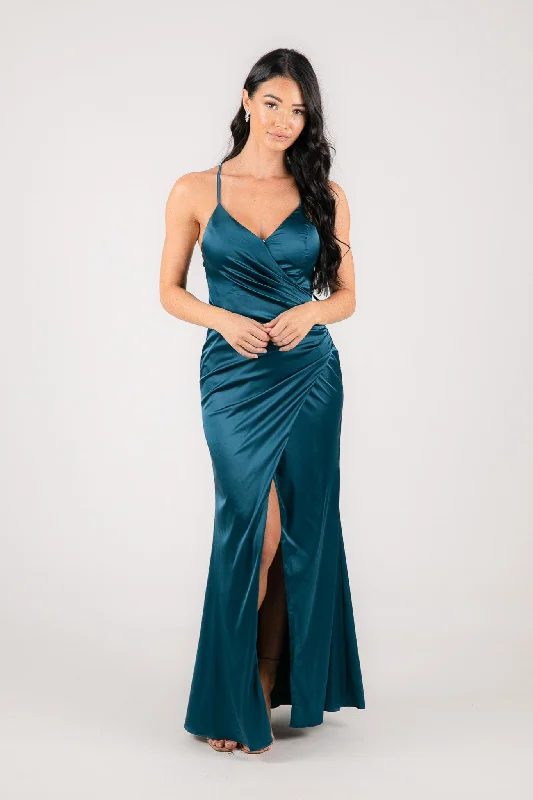 BELINDA Satin Maxi Dress - Teal Green Trendy Floral Print Maxi Dress