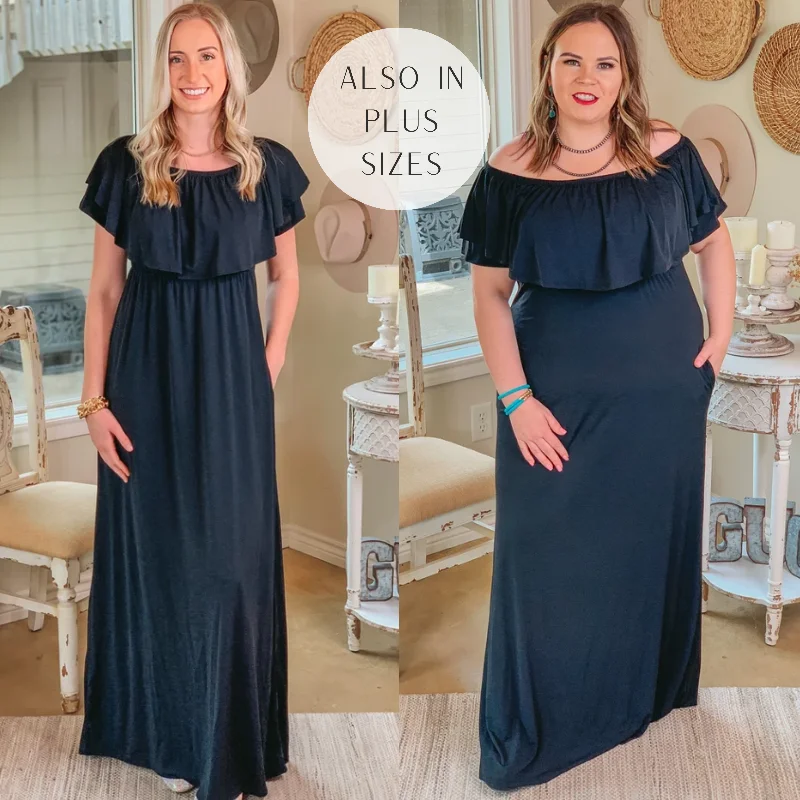 For Forever Bulgari Ruffled Maxi Dress in Black Comfortable Fitted Maxi Dress