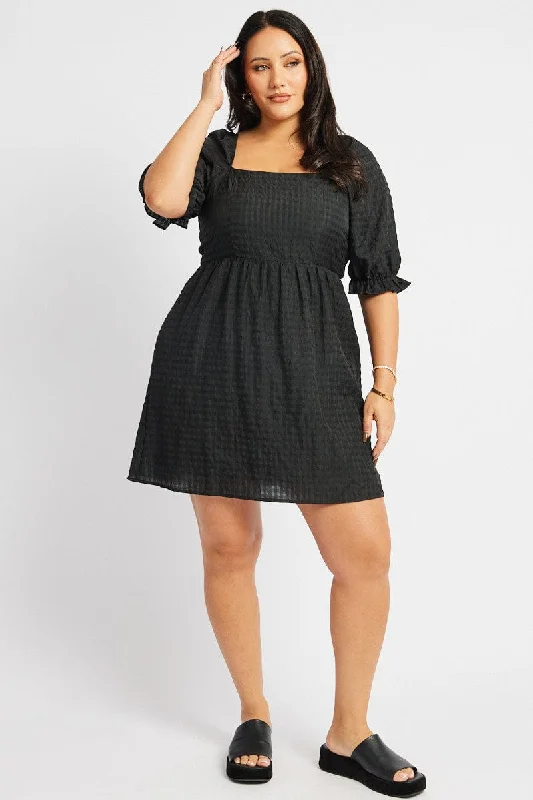 Black Check Babydoll Mini Dress Chic Puff Sleeve Mini Dress