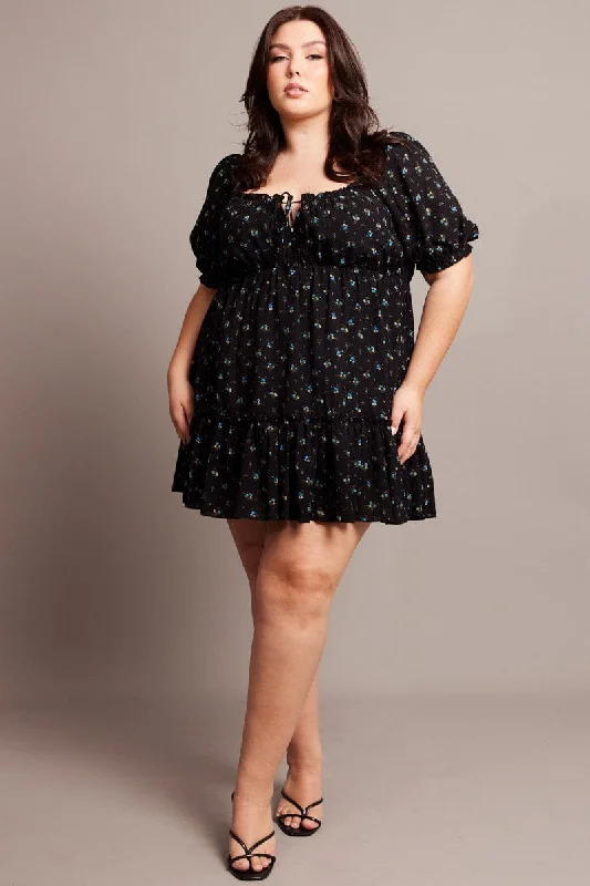 Black Ditsy Tie Front Mini Dress Fashionable Pleated Mini Dress