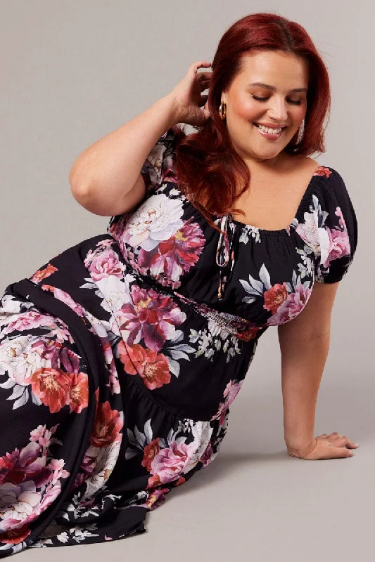 Black Floral Maxi Dress Short Sleeve Tiered Fashionable Sleeveless Maxi Dress