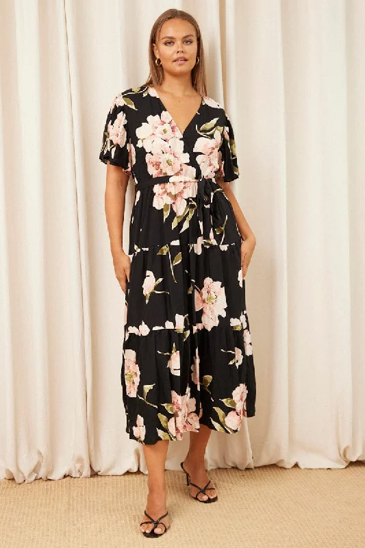 Black Floral Maxi Dress Short Sleeve Wrap Front Tiered Trendy Floral Print Maxi Dress