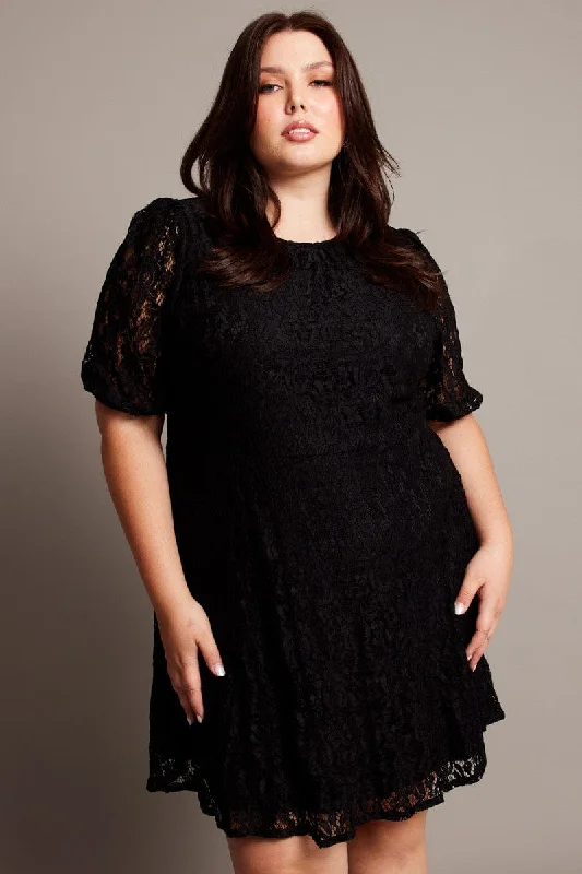 Black Lace Puff Sleeve Mini Dress Cozy Knit Mini Dress