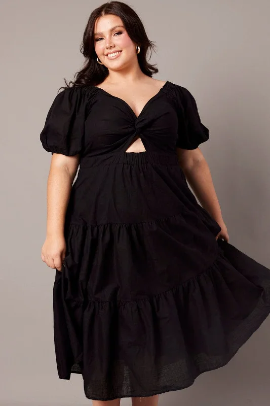 Black Maxi Dress Short Sleeve Tiered Twist Front Trendy Maxi Dress with Belt