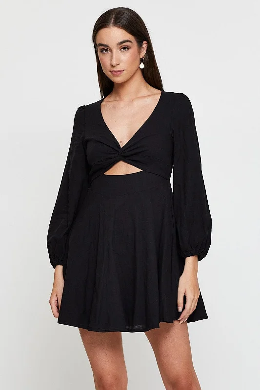 Black Mini Dress Long Sleeve Stylish Button-Down Mini Dress