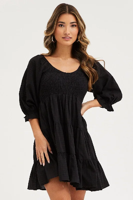 Black Mini Dress Round Neck Fashionable Button-Front Mini Dress