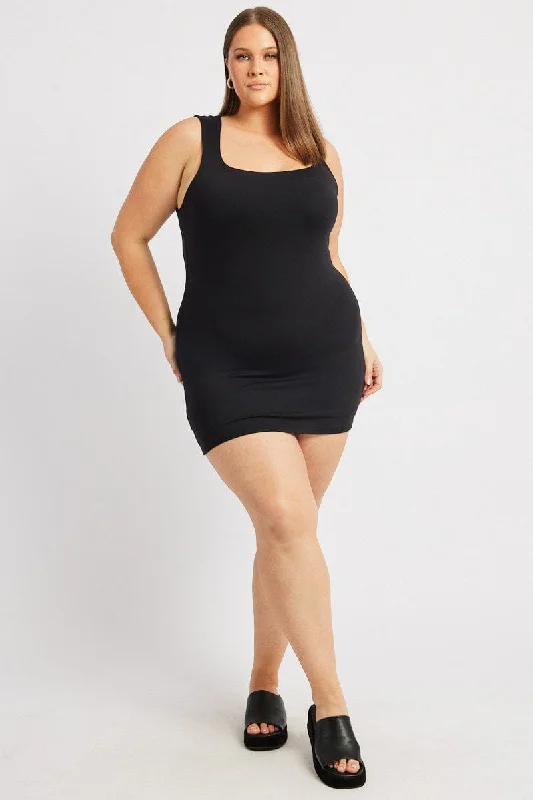 Black Mini Dress Scoop Neck Supersoft Cozy Ribbed Mini Dress