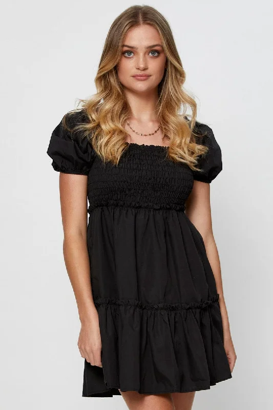 Black Mini Dress Short Sleeve Square Neck Trendy Button-Detail Mini Dress