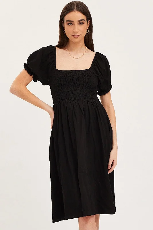 Black Mini Dress Short Sleeve Square Neck Trendy Crossover Mini Dress