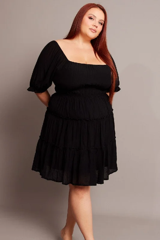 Black Mini Dress With Elastic Waist And Frill Skirt Comfortable Linen Mini Dress