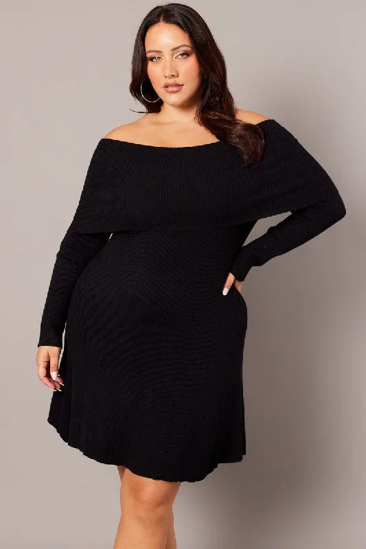 Black Off Shoulder Knit Mini Dress Fashionable Mini Dress with Pockets