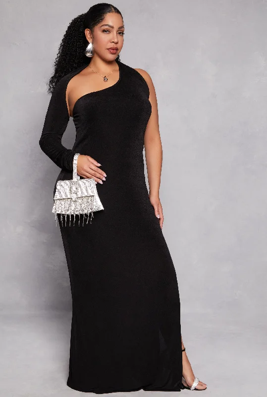 Plus Size Asymmetrical One Shoulder Maxi Dress Cozy Longline Maxi Dress