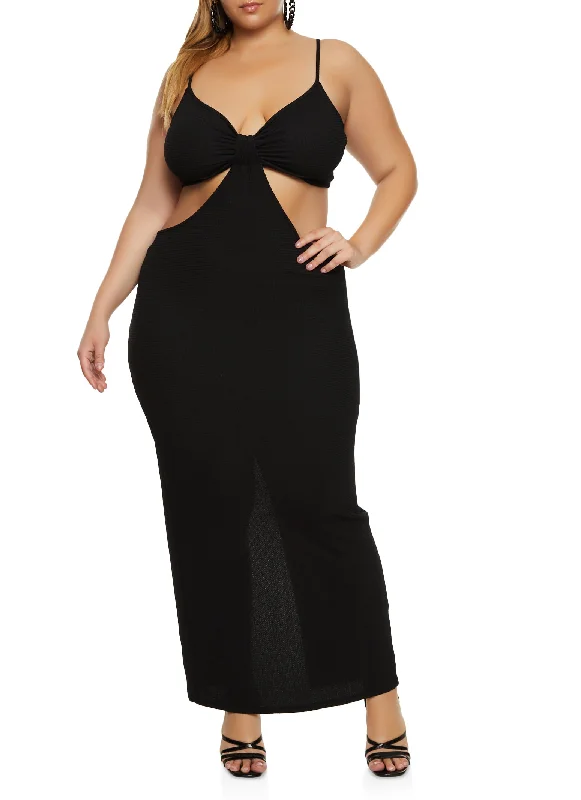Plus Size Back Slit Cut Out Maxi Dress Stylish Maxi Dress with Pleats