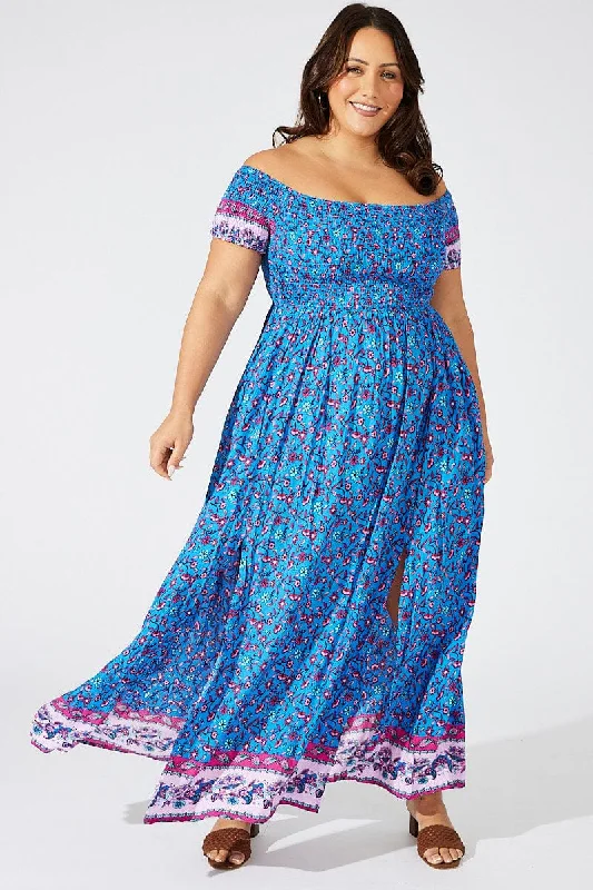 Blue Boho Maxi Dress Short Sleeve Shirred Trendy Off-Shoulder Ruffle Maxi Dress