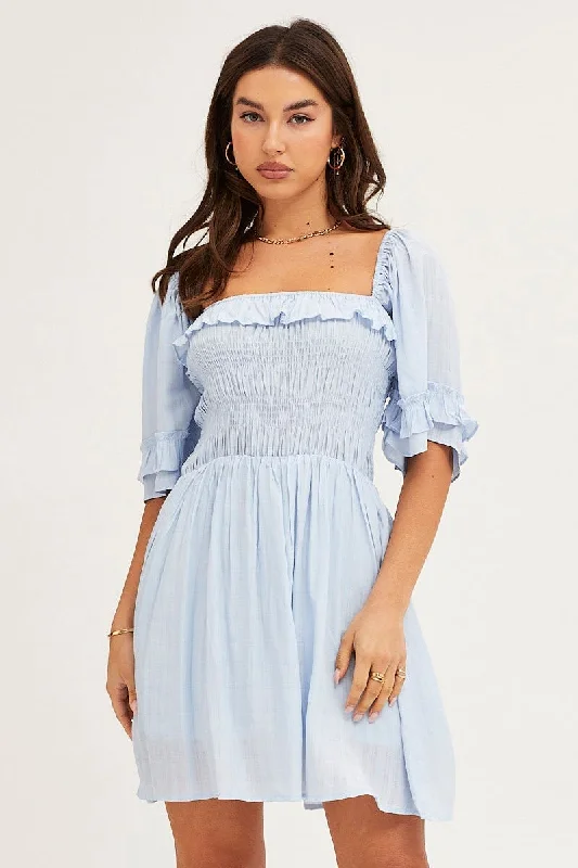 Blue Mini Dress Short Sleeve Chic Puff Sleeve Mini Dress