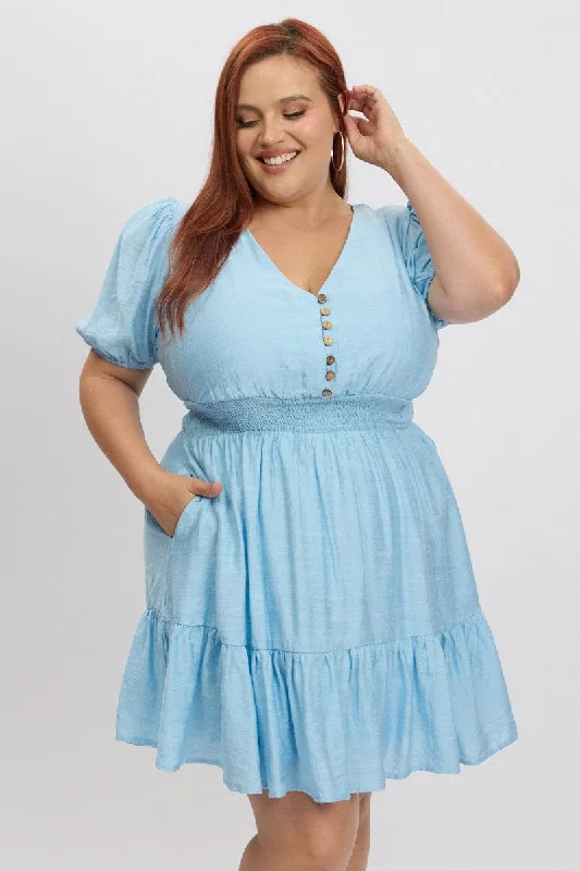 Blue Shirred Waist Button Mini Dress Elegant Off-Shoulder Dress Mini