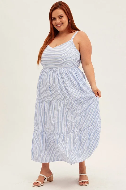 Blue Stripe Maxi Dress Sleeveless V-neck Tiered Cozy Longline Maxi Dress
