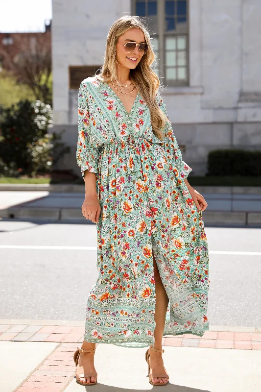 FINAL SALE - Bohemian Sun Jade Floral Maxi Dress Comfortable Maxi Dress with Sleeves