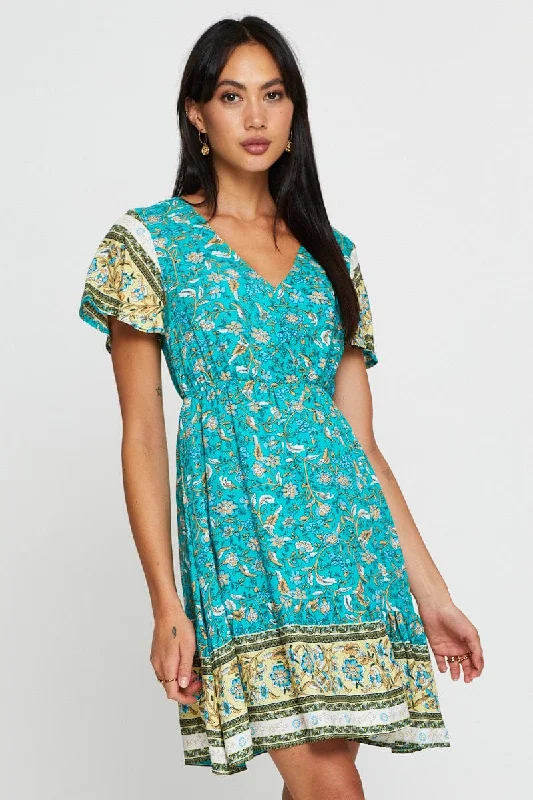 Boho Print Mini Dress Short Sleeve Trendy Denim Mini Dress