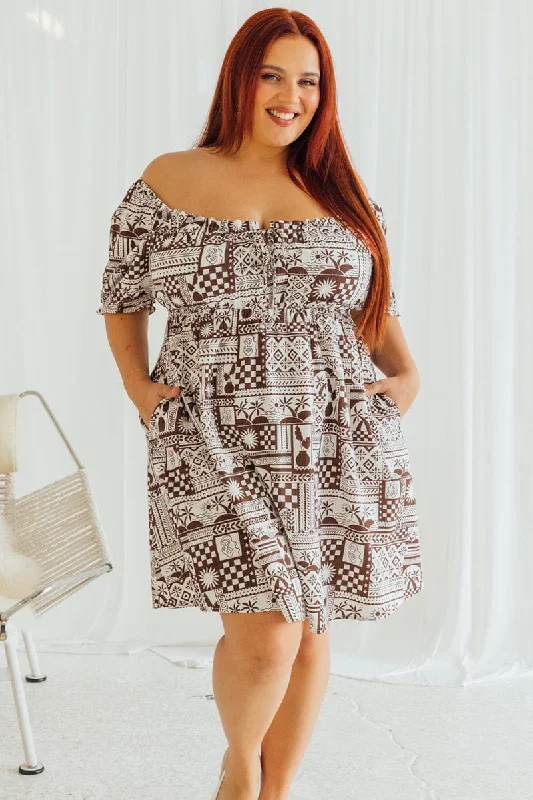 Brown Abstract Mini Dress Puff Sleeve Linen Blend Comfortable Fit-and-Flare Mini Dress