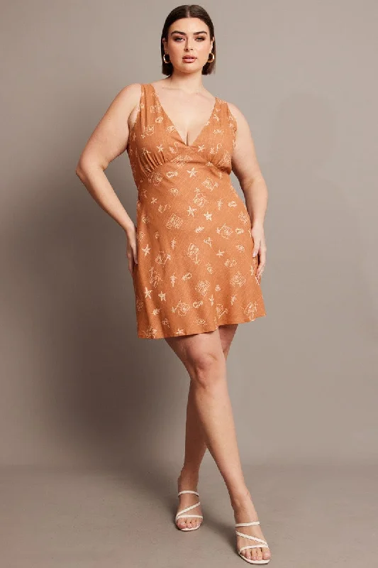 Brown Abstract V-neck Sleeveless Mini Dress Stylish Puff Sleeve Mini Dress