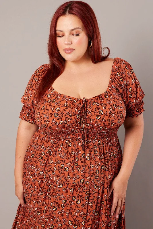 Brown Boho Maxi Dress Short Sleeve Cut Out Tiered Elegant Maxi Dress with Ruffles