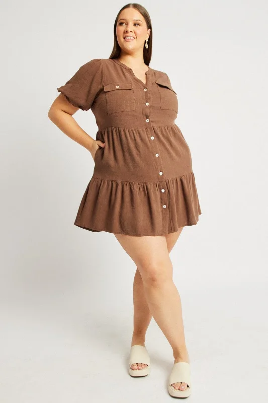 Brown Button Through Mini Dress Nehru Collar Linen Blend Elegant Silk Mini Dress