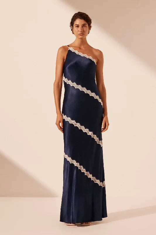 CAMILLE LACE ASYMMETRICAL MAXI DRESS - DEEP MIDNIGHT/IVORY Chic Button-Up Maxi Dress