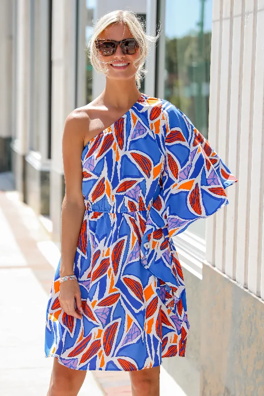 FINAL SALE - Celebratory Beauty Blue One-Shoulder Mini Dress Cozy T-Shirt Mini Dress