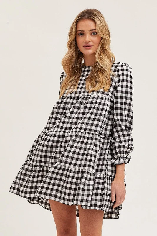 Check Mini Dress Long Sleeve Round Neck Classic Solid Mini Dress