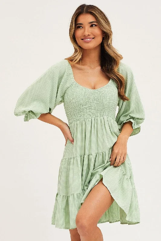 Check Mini Dress Short Sleeve Trendy Tie-Dye Mini Dress
