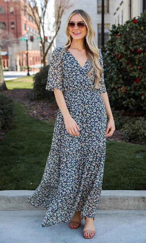 FINAL SALE - Deeply Darling Navy Floral Maxi Dress Fashionable Maxi Dress with Fringe