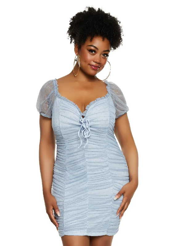 Plus Size Haute Monde Mesh Swiss Dot Ruched Mini Dress Cozy Ruched Mini Dress