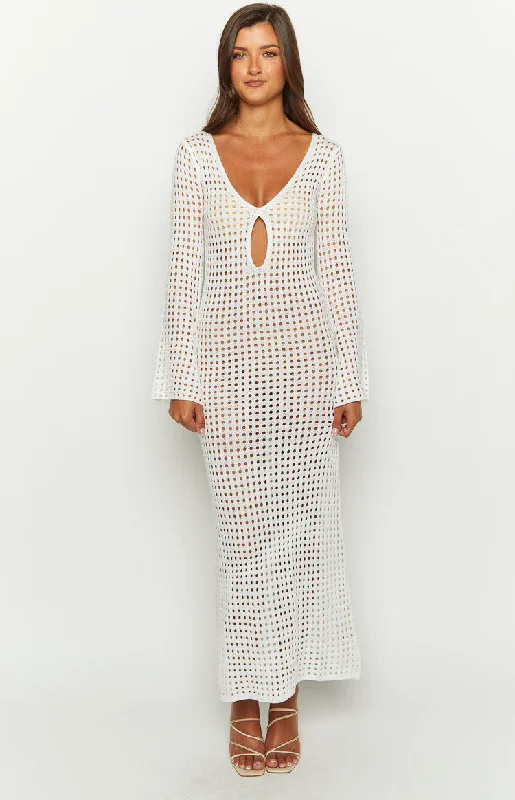Destinations White Crochet Long Sleeve Maxi Dress Trendy Printed Maxi Dress