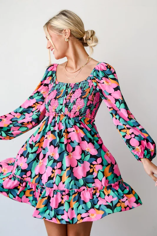 FINAL SALE - Evening Splendor Black Floral Mini Dress Fashionable Mini Dress with Pockets