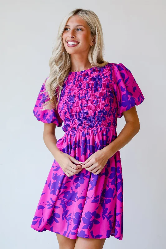 FINAL SALE - Fancy Sweetness Magenta Floral Puff Sleeve Mini Dress Fashionable Polka Dot Mini Dress