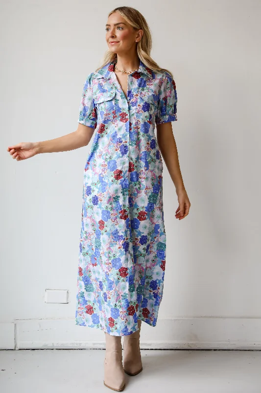 FINAL SALE - Favorite RSVP Blue Floral Maxi Dress Stylish Pleated A-Line Maxi Dress